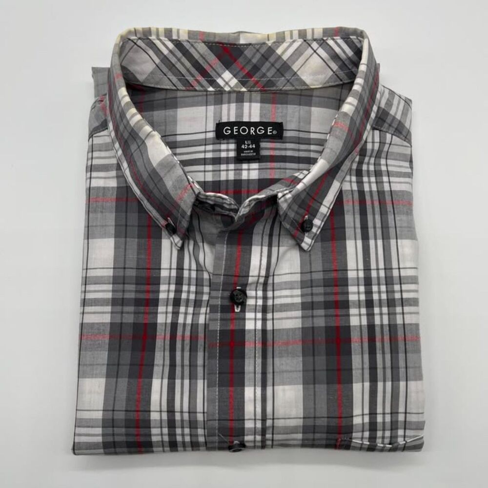 George Men's Grey Red White Short Sleve Plaid Button-Down Shirt - Sz Large 42-44